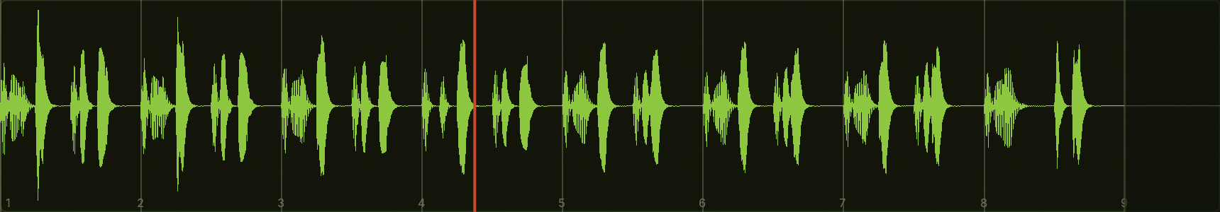 The waveform of eight bars of an acid line, bar numbers along the bottom
and the playhead in bar four.