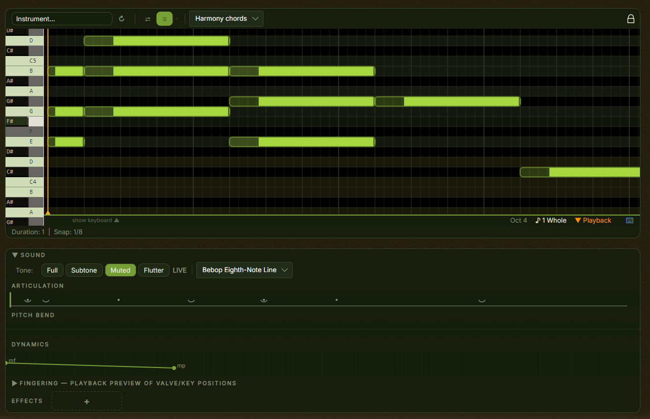 The strings editor, with the note grid above and the bowing controls
below