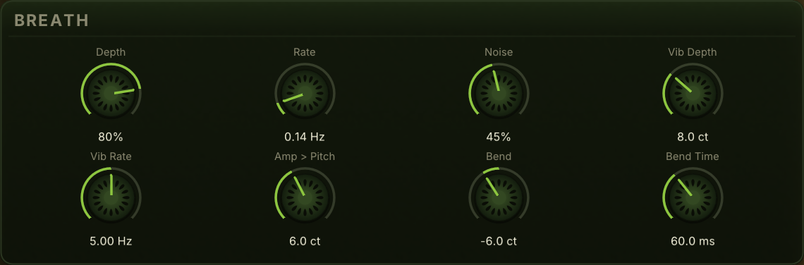 The Breath section with all eight controls set to audible values