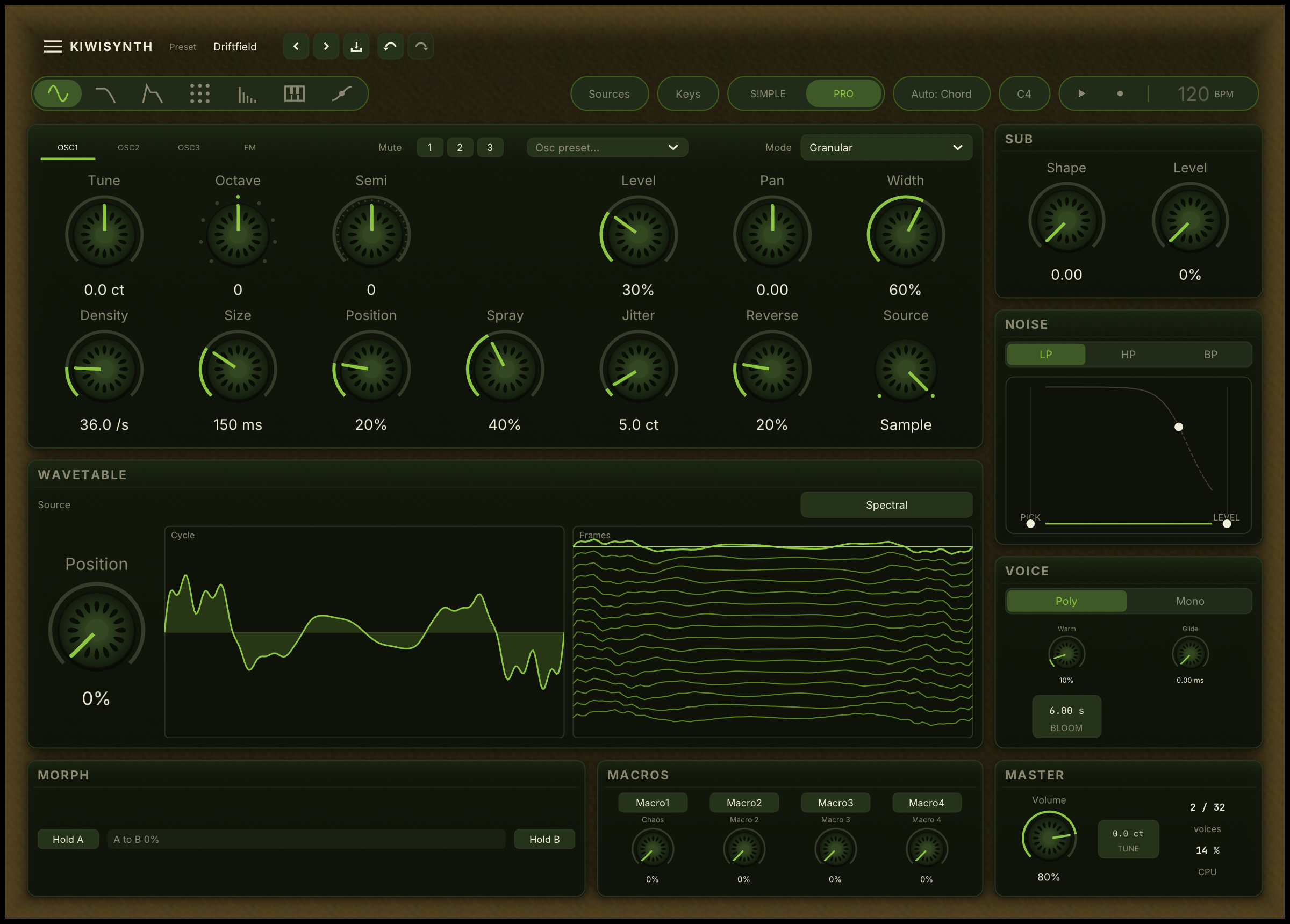 OSC1 in Granular mode: Density, Size, Position, Spray, Jitter, Reverse and Source in the second row of knobs