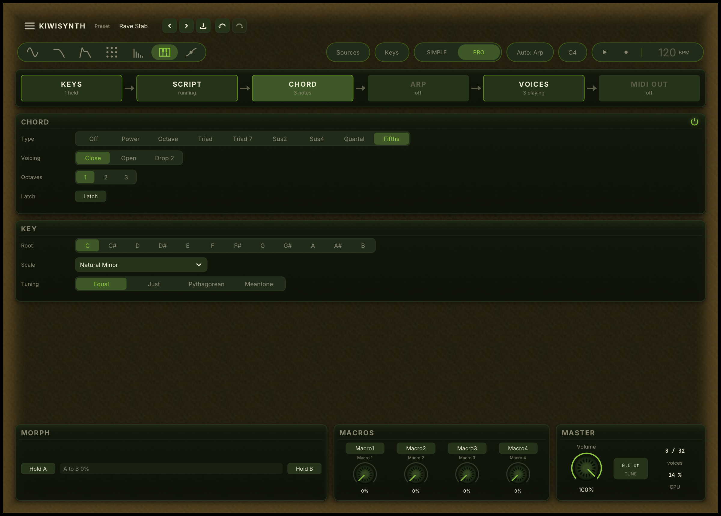 The Chord page: the Chord block with Type, Voicing, Octaves and Latch, and the Key block with Root, Scale and Tuning