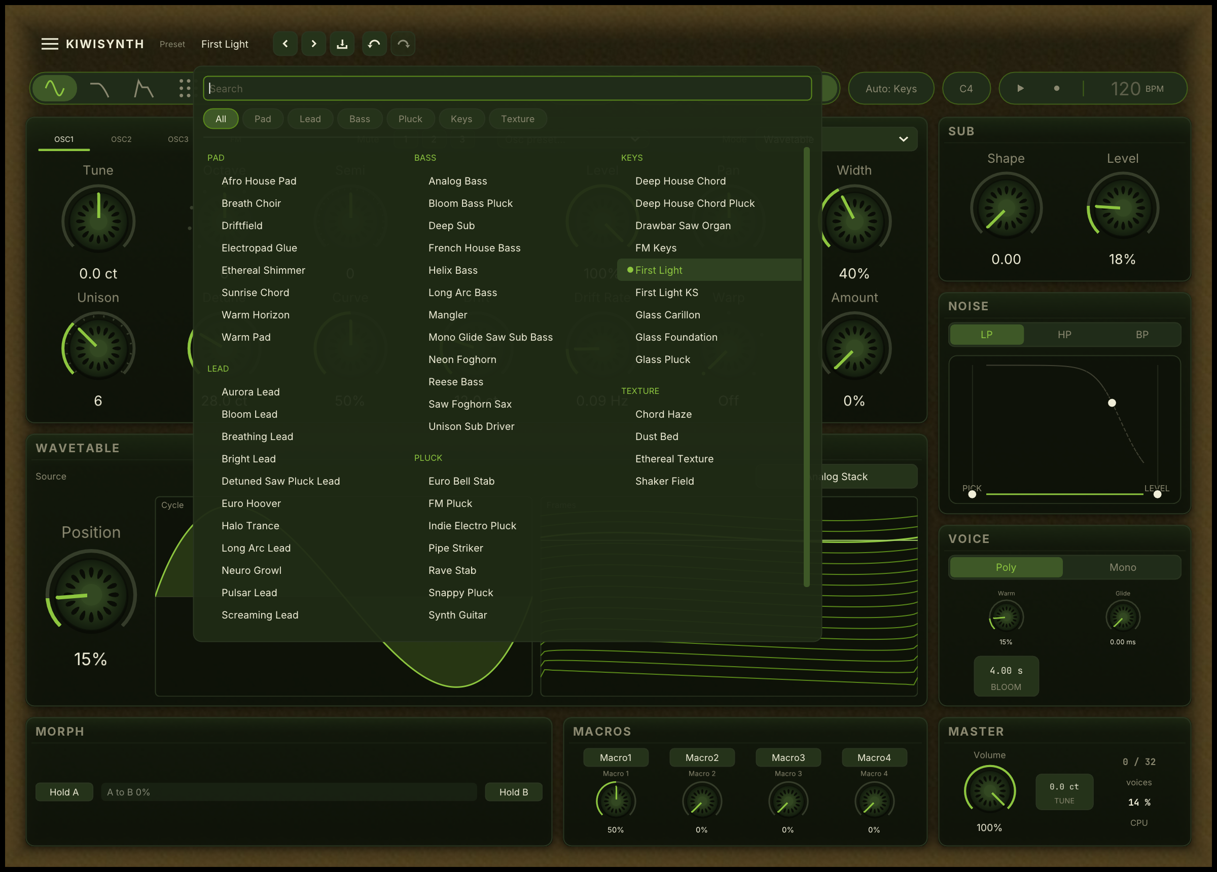 The preset browser on All: the search field, the category buttons, and one column per category with the loaded preset marked
